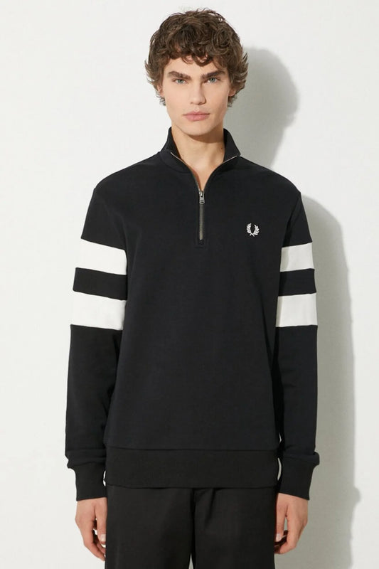 Fred Perry Sudadera Stripes Hombre Media Cremallera Negra