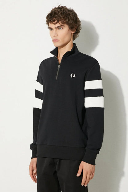 Fred Perry Sudadera Stripes Hombre Media Cremallera Negra